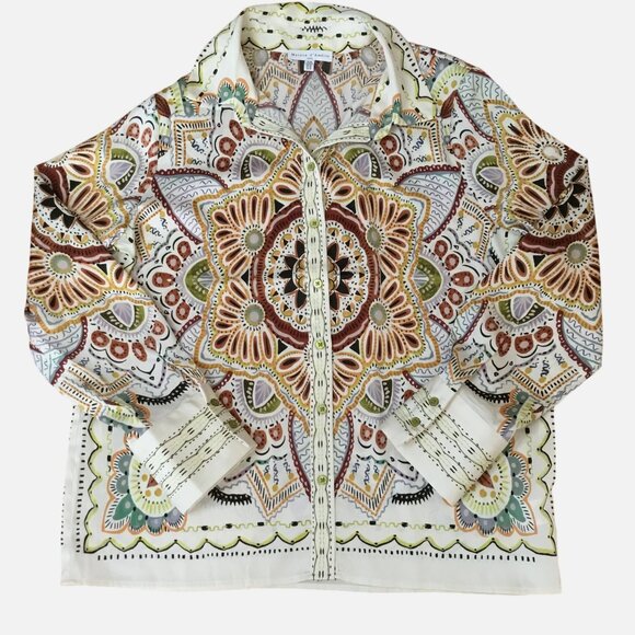 MAISON D’AMÉLIE Paris Cream Multicolor Mandala Button Blouse Top M Boho Art NWOT - Picture 4 of 11